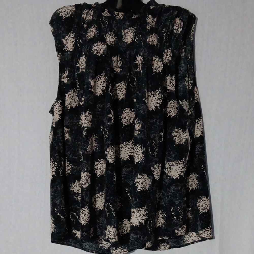 Joie Baltic Print Black Cream Smock Ruffle Sleeveless Button Top NWT XXL